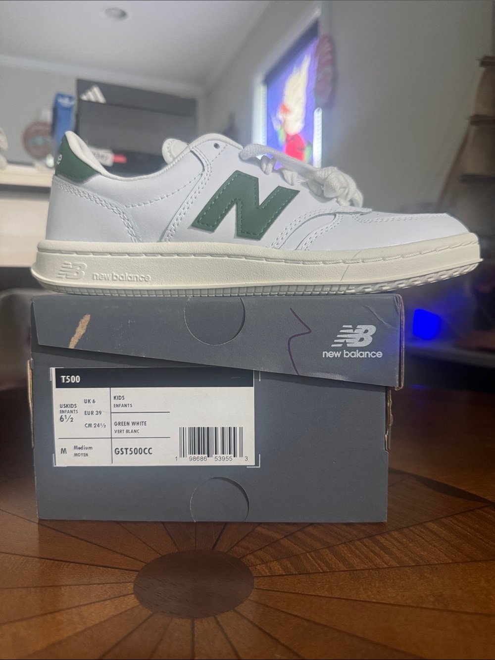 New Balance Kids White Sneakers with Green N Accent